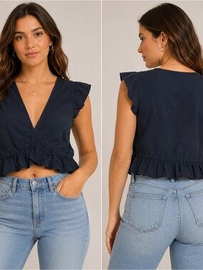 FancyInn Black Ruffle Hem V-Neck Crop Top Size L Boho Cottagecore